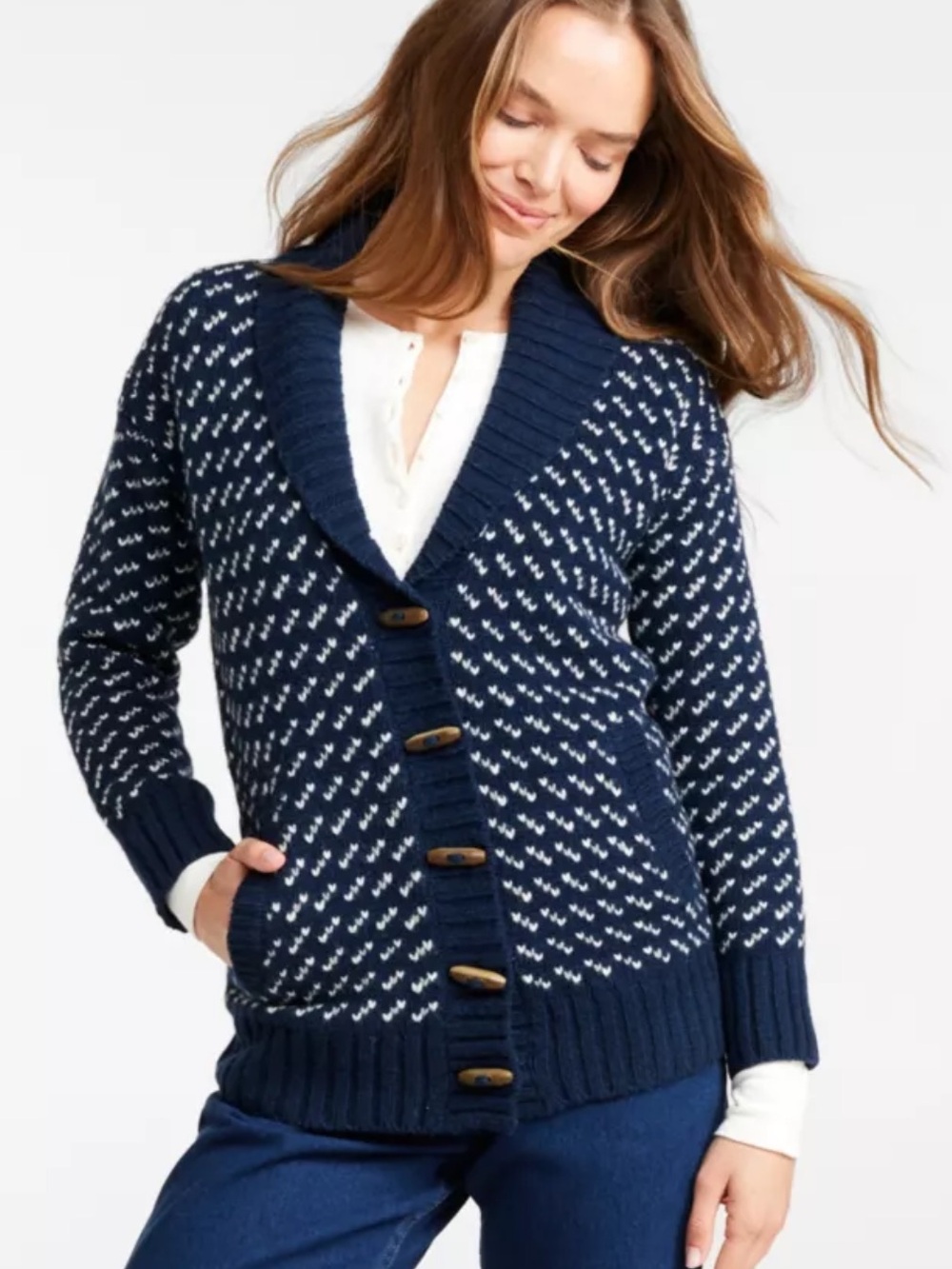 L.L. Bean preppy Norwegian Birds Eye cardigan sz large